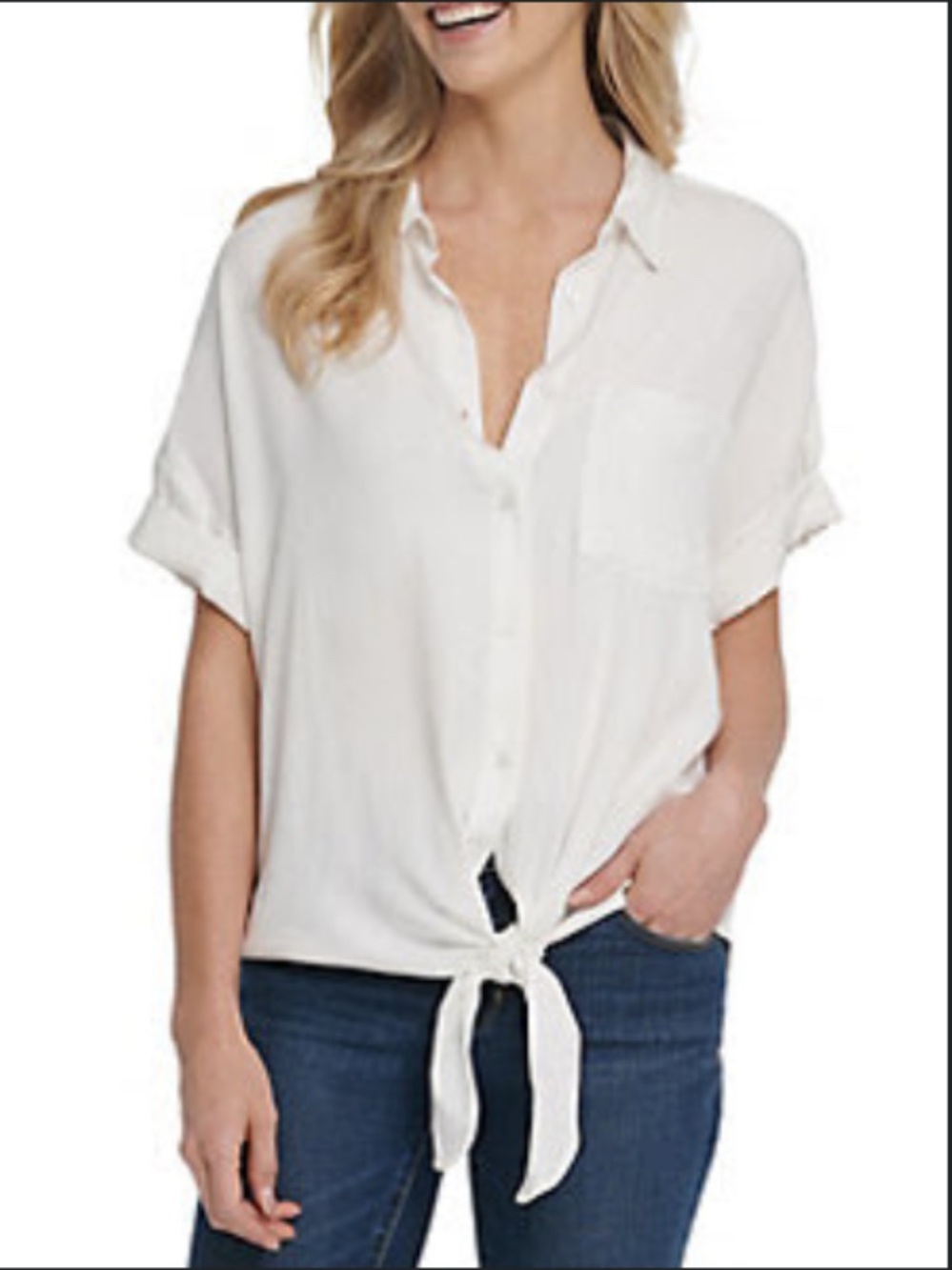DKNY Jeans Short Sleeve Tie-Front Shirt in Ivory Size Small